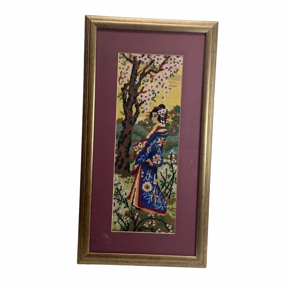 Japanese GEISHA Girl Embroidered Needlepoint Picture Framed 25 x 13.5‎ in Vtg